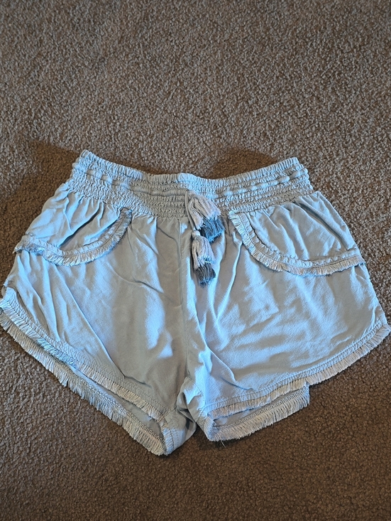 Japna Pants - Light Blue Women's Elastic Waist Fringe Shorts
